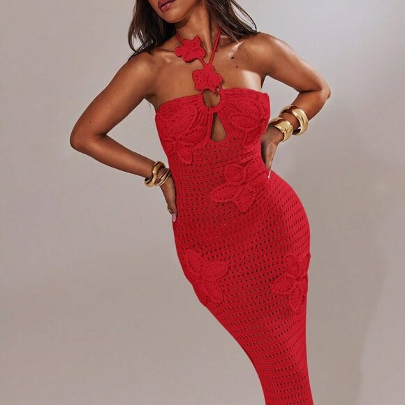 Red Sexy Women's Backless Halter Neck Maxi Knit Dress - Picture 8 of 8